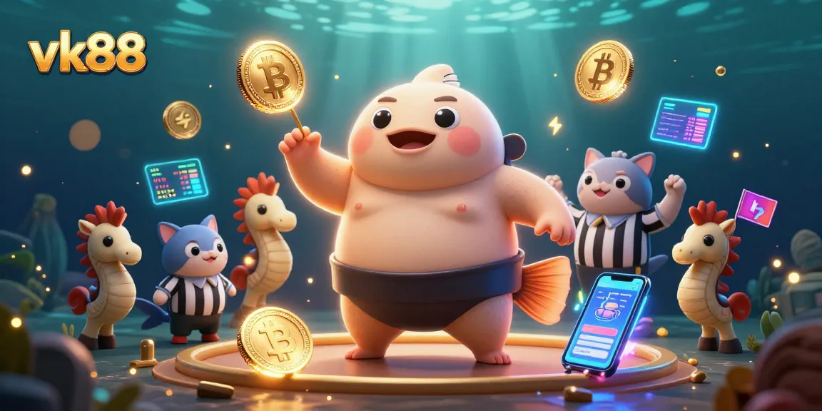 Engage in thrilling gameplay at vk88, featuring an underwater casino scene with animated characters and crypto elements.