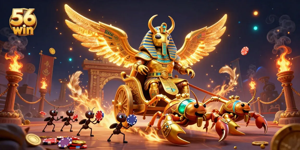 Experience thrilling gaming at 56 win with a spectacular golden scarab beetle chariot scene.
