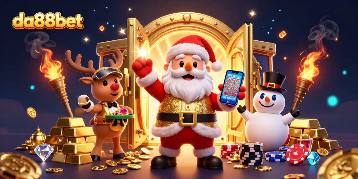 Experience the excitement at da88bet with Santa Claus and casino characters celebrating jackpots and games!