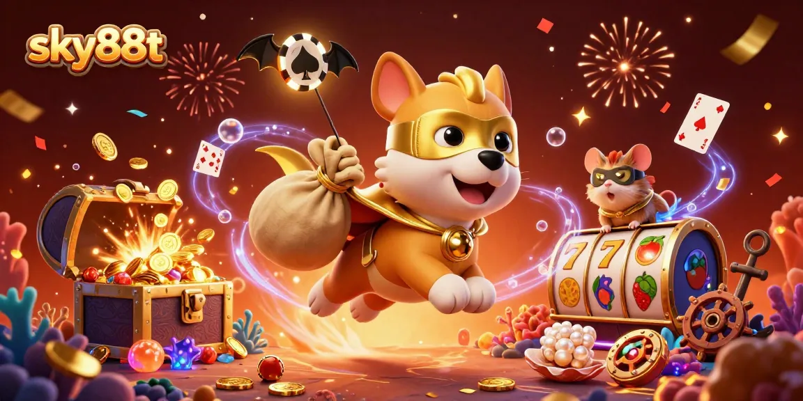 Experience excitement with sky88t, where a superhero dog flies with winning coins, showcasing vibrant casino elements.