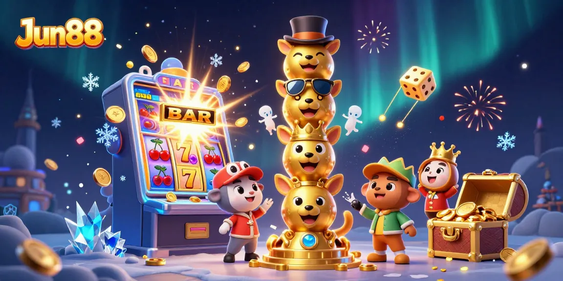 Experience thrilling gameplay with Jun88, featuring a vivid 3D jackpot scene and exciting casino elements.