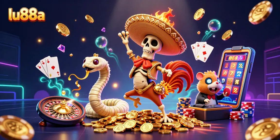 Experience excitement at lu88a with a vibrant 3D casino celebration featuring dynamic characters and rich game elements.
