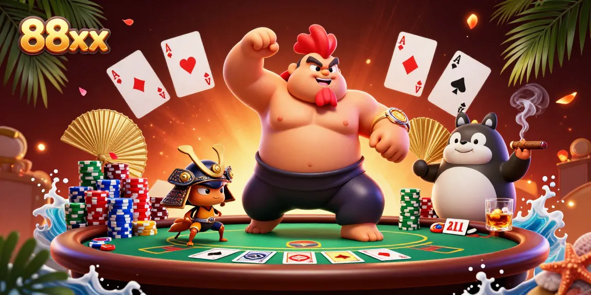 Experience the excitement of 88xx with a dynamic 3D casino scene filled with poker elements and vibrant characters.