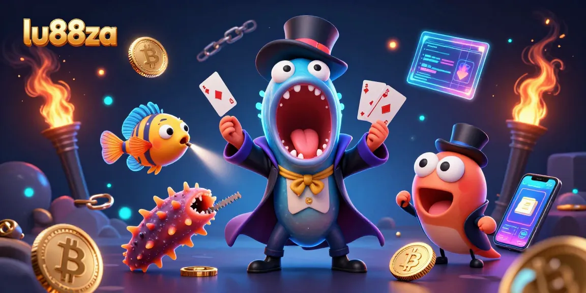 Win big at lu88za with colorful casino-themed deep-sea creatures performing magic tricks.
