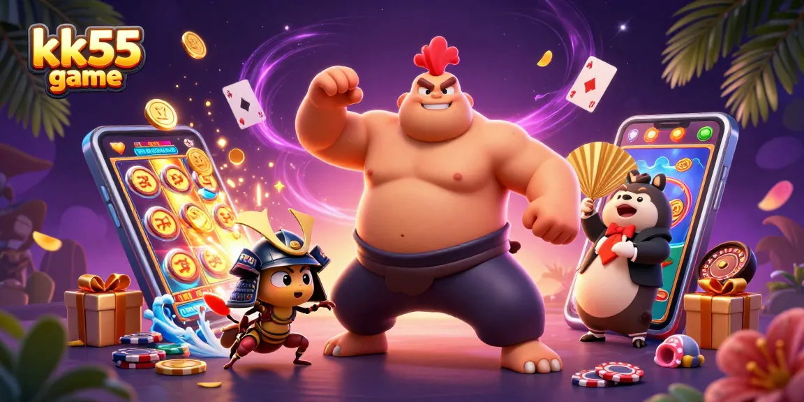 Engage with the kk55 game featuring a fun 3D scene of characters and vibrant gaming elements