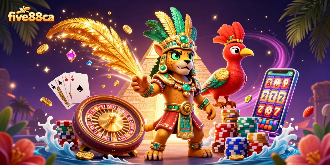 Experience thrilling moments at five88ca with a glowing Mayan jaguar priest amid sparkling gems and coins.