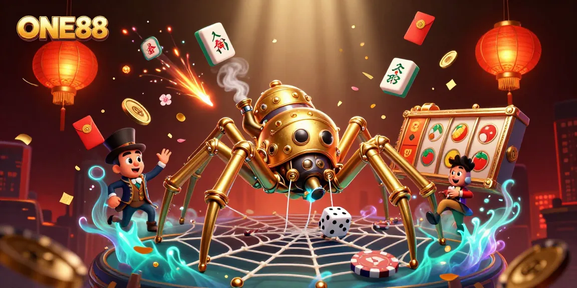ONE88's thrilling scene with a steampunk spider and game elements weaving an exciting casino web.