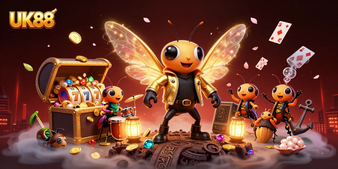 Experience the excitement of UK88 with a vibrant 3D scene of animated casino action and treasure.
