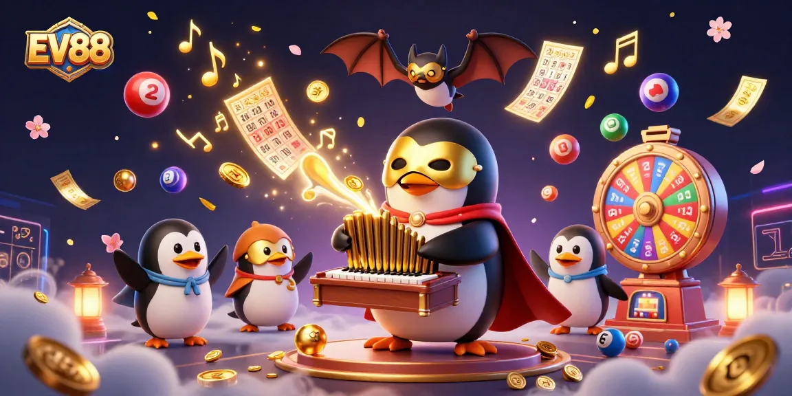 Experience the thrill of EV88 with a lively 3D casino scene featuring a penguin at an organ shooting coins.