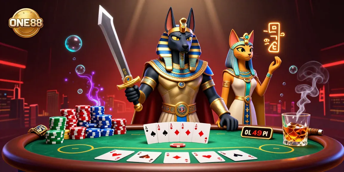 Engage with ONE88's thrilling poker scene featuring Anubis and Bastet surrounded by chips and cards.