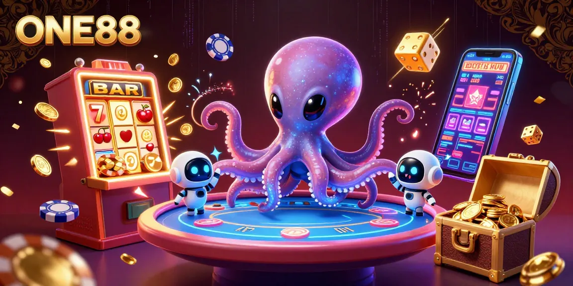 Experience thrilling gaming with the ONE88 alien octopus at a vibrant poker table amidst dazzling casino elements.