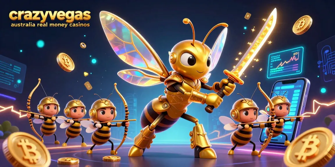 Crowning moment in crazyvegas australia real money casinos with a giant hornet warrior and bee archers amidst crypto-themed celebrations.