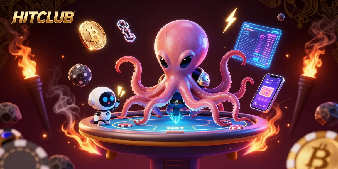 Engage with HITCLUB's thrilling gaming scene featuring an alien octopus at a holographic poker table.