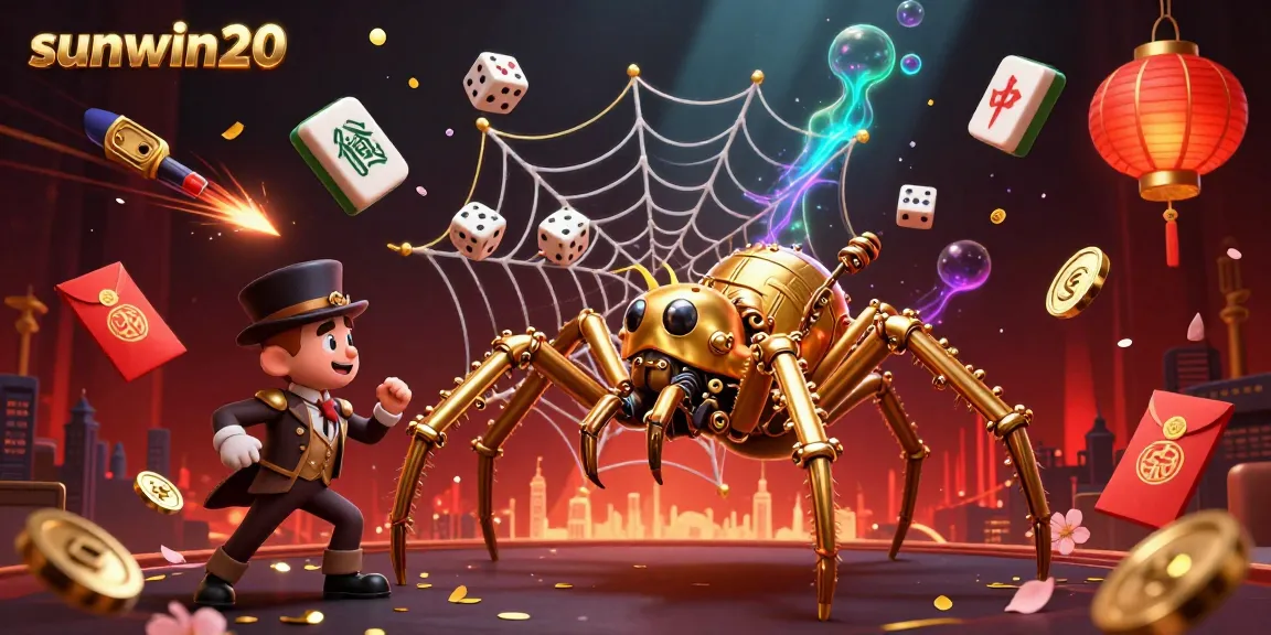 Experience the excitement of sunwin20 with a steampunk-themed illustration featuring a golden spider and casino elements.