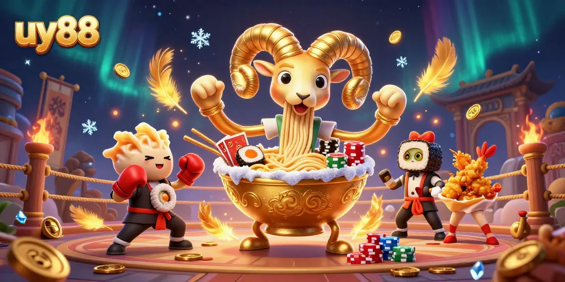 uy88 showcases a vibrant scene with casino-themed characters and elements, capturing the thrill of gambling.