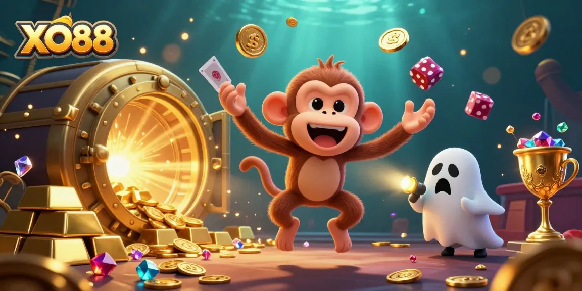 Experience thrilling gaming at XO88 with an exciting haunted casino scene featuring a mischievous monkey and ghost-hunter.