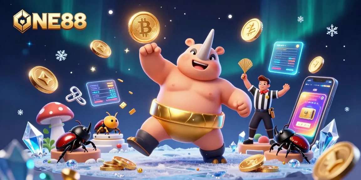 ONE88's powerful beetle champion stomping coins while a cricket referee oversees the dynamic crypto casino scene.