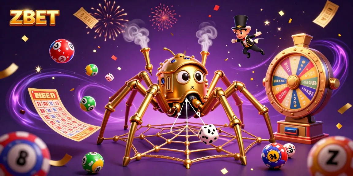 ZBET showcases a playful 3D scene with a steampunk spider catching dice and colorful lottery elements.