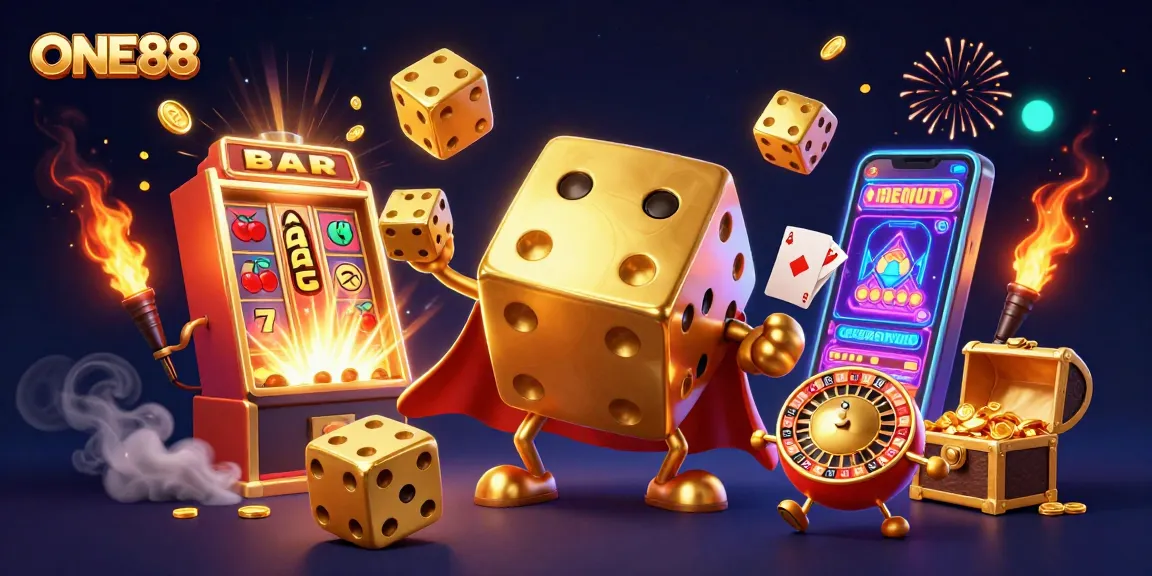 ONE88's golden dice golem and roulette-ball head create a winning casino scene.